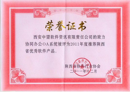 致力協(xié)同辦公OA系統(tǒng)榮譽(yù)證書2011年度