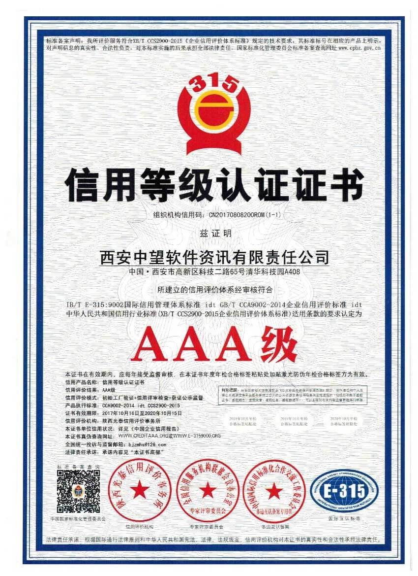 信用等級(jí)證書
